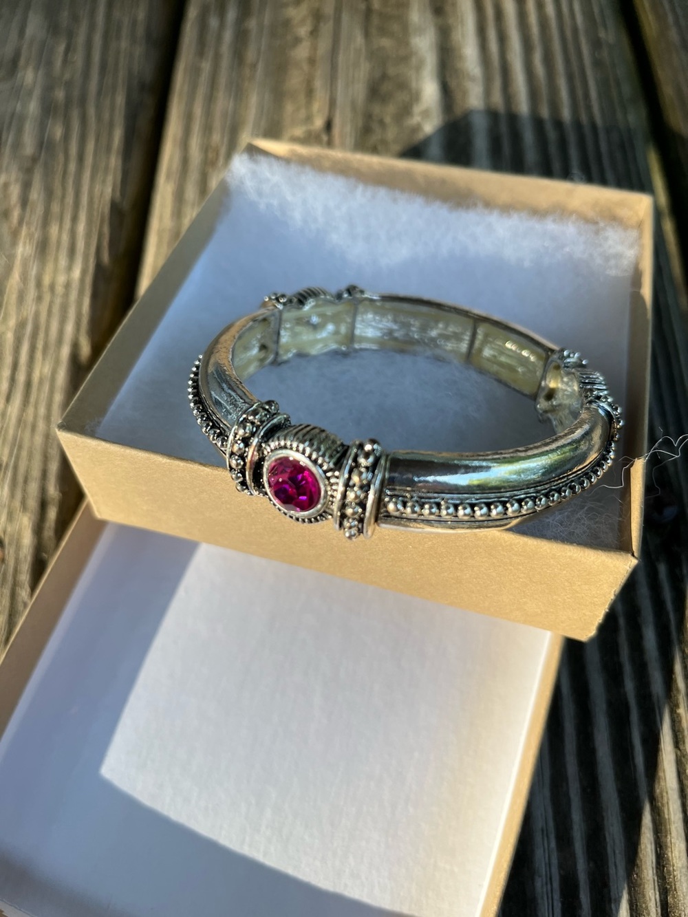 Silver-Tone Bracelet with Pink Gem Accents